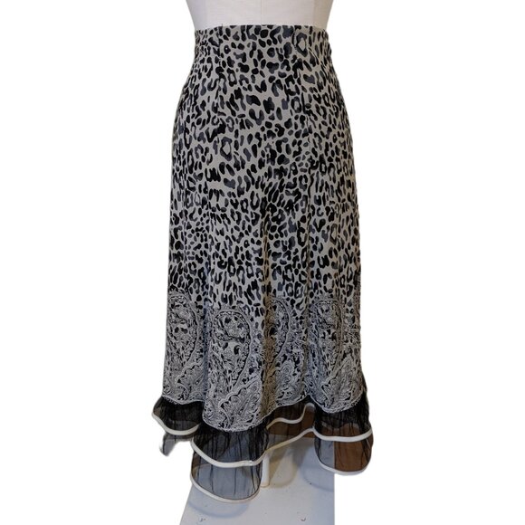 Womens Leopard Paisley Ruffle Hem Midi Skirt Boho Grunge Elegant Mesh Black S - Picture 1 of 9